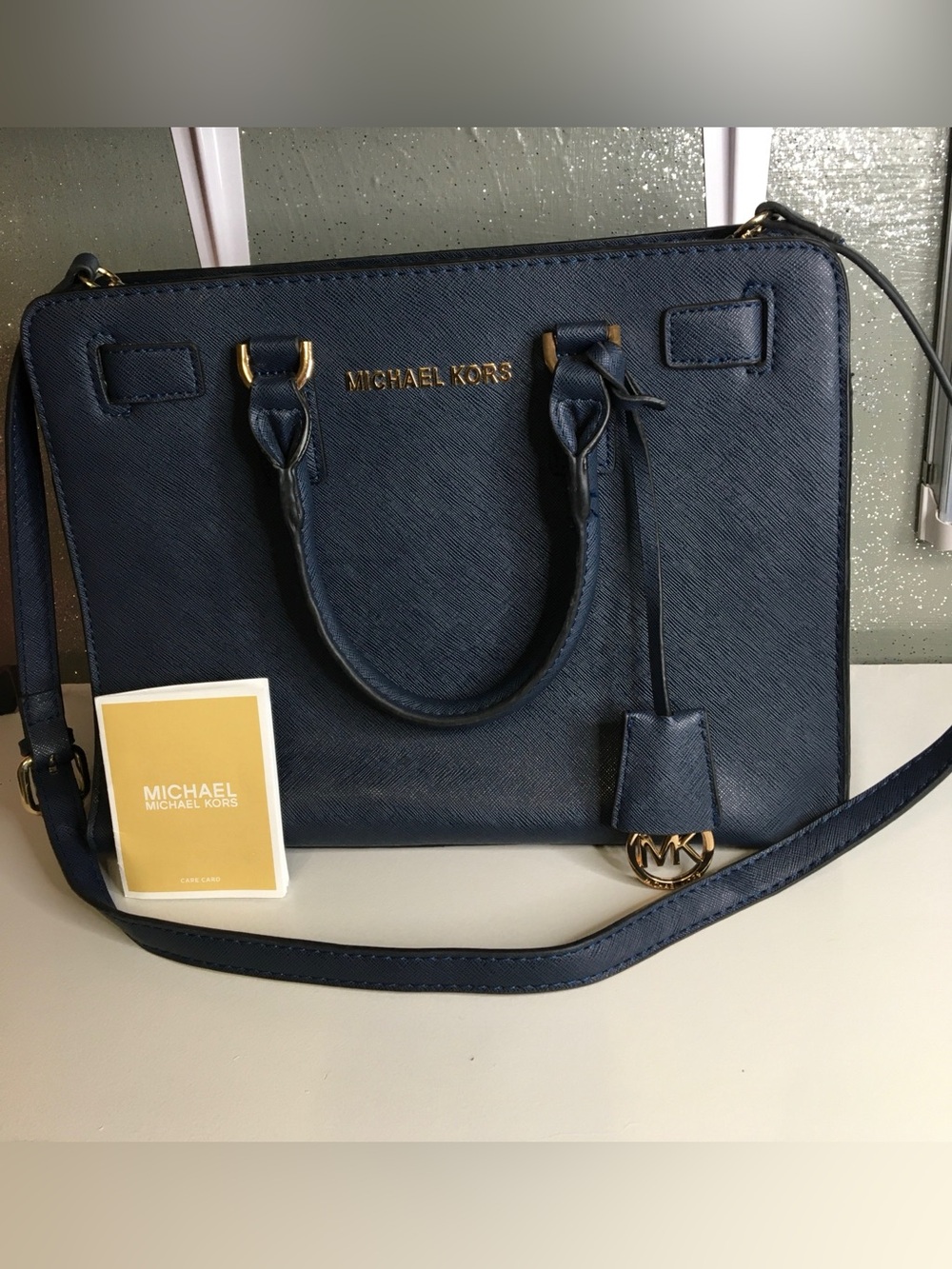Michael Kors Navy Saffiano Leather Satchel with Gold Hardware